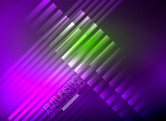 Bright neon color techno abstract background, shiny glowing neon lines in the dark background