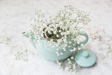 Teapot with beautiful gypsophila flowers on light background