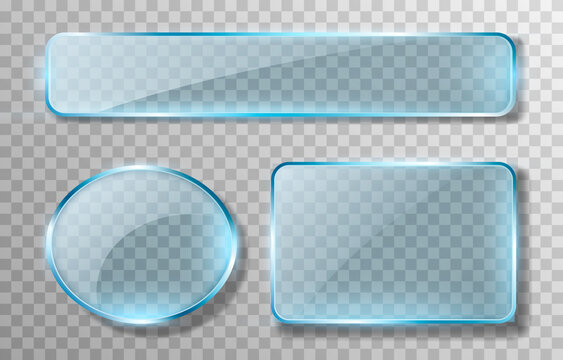 Set of vector blue glass. Transparency effect, window, mirror. Reflection, glare. PNG glass. PNG window. Glass frame, glass surface.