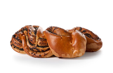 Delicious poppy seed bun on white background