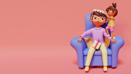 3D Illustration Of Cute Daughter Wearing A Crown To Her Father On Sofa.