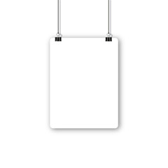 Blank poster hanging on a binder clips. A4 white paper sheet hangs on a rope with clips.