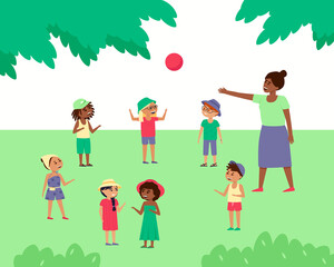 Obraz na płótnie Canvas Children play ball in nature under the supervision of a teacher. Boys and girls have fun in the park. International children in headdresses. Flat vector illustrations.