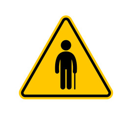 Vector yellow triangle sign - black silhouette figure of a pensioner with a crutch. Isolated on white background. 