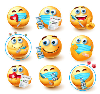 Smiley covid-19 vaccine vector set. Emojis 3d vaccinated emoticon characters in healthy and safe facial expressions for coronavirus vaccination avatar collection design. Vector illustration
