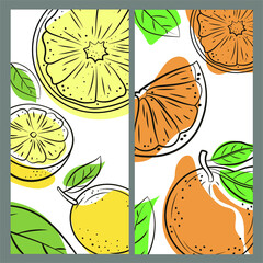 Lemon and orange, labels. Design of stickers for the store of natural fresh fruits and drinks.
 A set of vector color illustrations.
