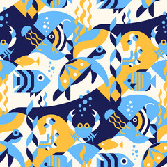 Under water sea seamless pattern with, sea turtle, jellyfish, tropical fish, crab, coral,  seaweed. Perfect for fabric, textile, wallpaper. Sea creatures design geometric pattern.