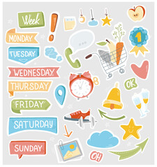 Stickers for week planner, Monday, Tuesday, Friday, Sunday. doodle and flat design. timetable collection. Set of elements for calendar. To do list elements. 