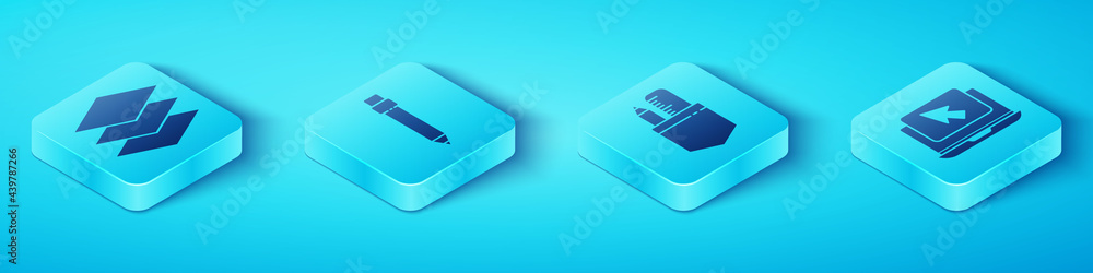 Poster set isometric layers, pencil with eraser, laptop and cursor and crossed ruler and pencil icon. vecto