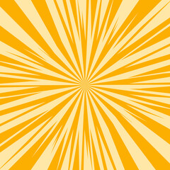 Pop art radial colorful comics book magazine cover. Striped orange digital background. Cartoon funny retro pattern strip mock up. Vector halftone illustration. Sunburst, starburst shape