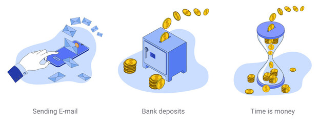 Sending messages, bank deposit, time is money.A set of vector illustrations on a business theme.Abstract isometric illustrations in blue.