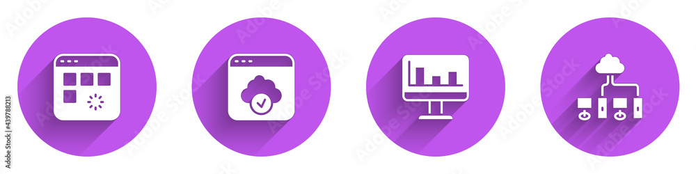 Poster set loading data window, cloud technology transfer, monitor with graph chart and computer network ic