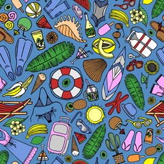 Bright seamless pattern with beach accessories and tropical fruits on a blue background in vector