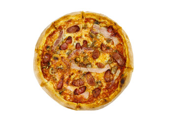 Delicious fresh pizza with sausage, mushrooms and cheese isolated on white background