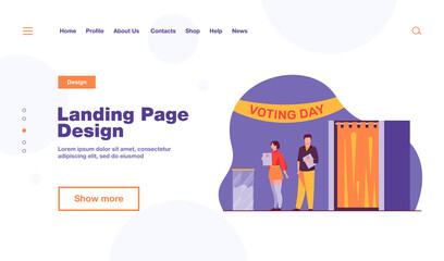 Queue of people with paper at ballot boxes. Voting day, electorate, poll flat vector illustration. Election campaign, politics, choice concept for banner, website design or landing web page