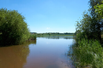 Fototapeta na wymiar small beautiful pond in sunshine and under blue sky