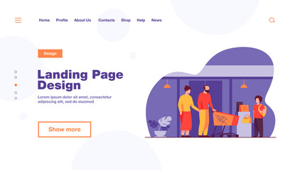 Senior couple and kid shopping in mall. Boy, grandparents, cart, store window flat vector illustration. Commerce, family, generation concept for banner, website design or landing web page