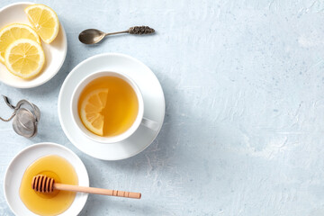 Lemon tea with honey banner, overhead flat lay shot with copy space. Healthy organic citrus detox...