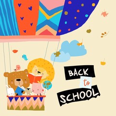 Happy Cartoon Animals flying to the School by Air Balloon