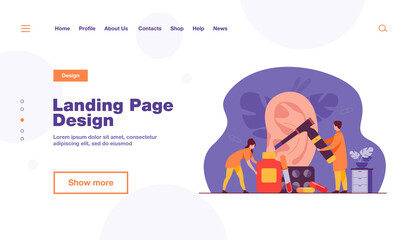 Tiny doctors treating or examining patients ear, using otology tool, carrying bottles and blisters with pills. Vector illustration for otolaryngology, health care, hearing loss concept