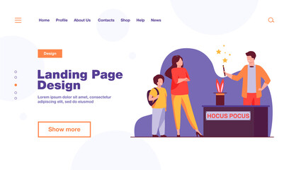 Mom and son walking in amusement park. Magician with rabbit in hat working outside flat vector illustration. Entertainment, fair, festival concept for banner, website design or landing web page