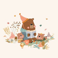 Cute Cartoon Bear Mother reading Book for her Cubs