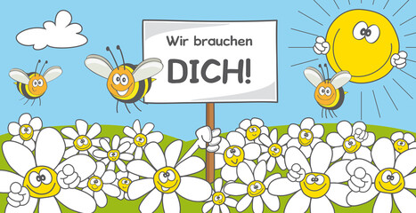 Bienen, Blumen und Sonne zeigen mit dem Finger auf den Betrachter und sagen 