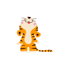 Cute little tiger character looking up and smiling stand isolated on white background. Front view. Vector flat hand drawn style. For children decor, nursery design, banner, emblem, pattern etc.