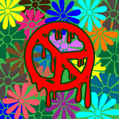 The image of wallpaper in the form of a hippie icon on a background of colored flowers.
