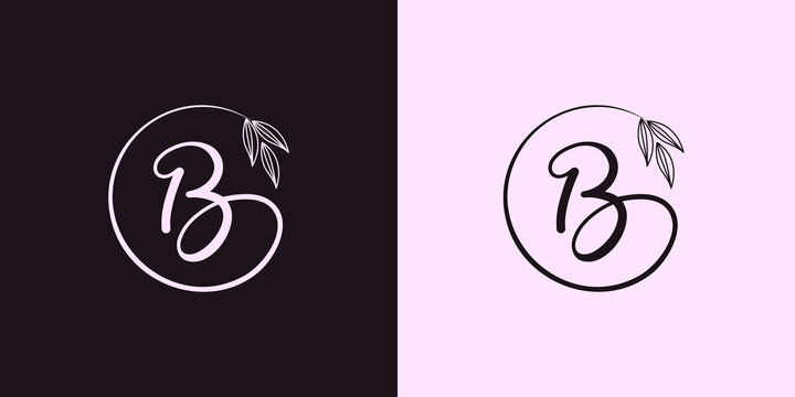 signature letter B isolated circle with leaves ahead. luxury vector monogram for cosmetic, restaurant, boutique, hotel logo concept vector