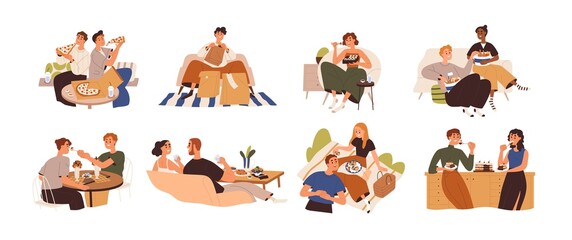 Set of people eating food at home, cafe and outdoors. Men and women relaxing and enjoying delivered meals, fastfood, pizza, cake. Colored flat graphic vector illustration isolated on white background
