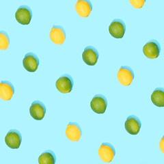 Citrus pattern on blue background, top view.