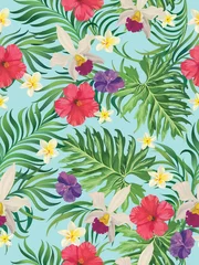 Plexiglas foto achterwand Tropisch patroon met hibiscus, palmbladeren. Zomer vector achtergrond voor stof, dekking, print ontwerp. © Logunova  Elena