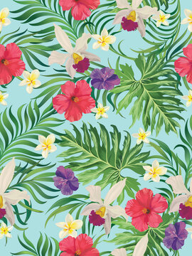 Tropical pattern with hibiscus, palm leaves. Summer vector background for fabric, cover,print design.