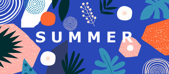Summer tropical leaves and flowers poster background vector illustration. Exotic summer travel web banner. Colorful design for beauty and natural products, spa and wellness, fabric and fashion