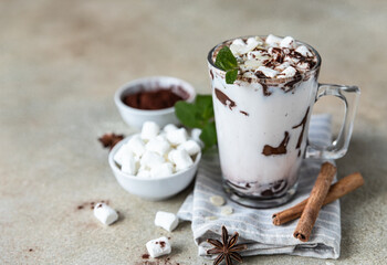 Hot chocolate or cocoa in glass cup with marshmallow, cinnamon and mint, light concrete background.