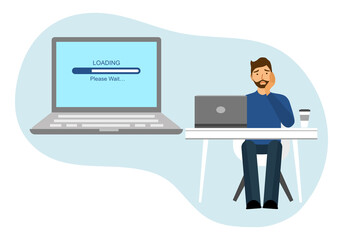 A man is waiting for downloading program in laptop computer in flat design. Slow internet speed. - obrazy, fototapety, plakaty