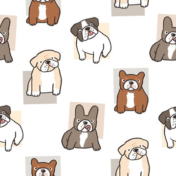 Seamless Pattern with Cartoon Bulldog Illustration Design on White Background