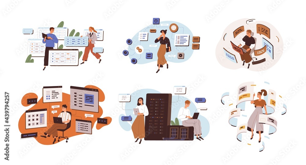 Aufkleber Concept of software development and web programming. Set of people coding and working with CMS architecture. Flat graphic vector illustration of backend engineers isolated on white background