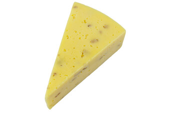 Piece of cheese with walnuts isolated on a white background