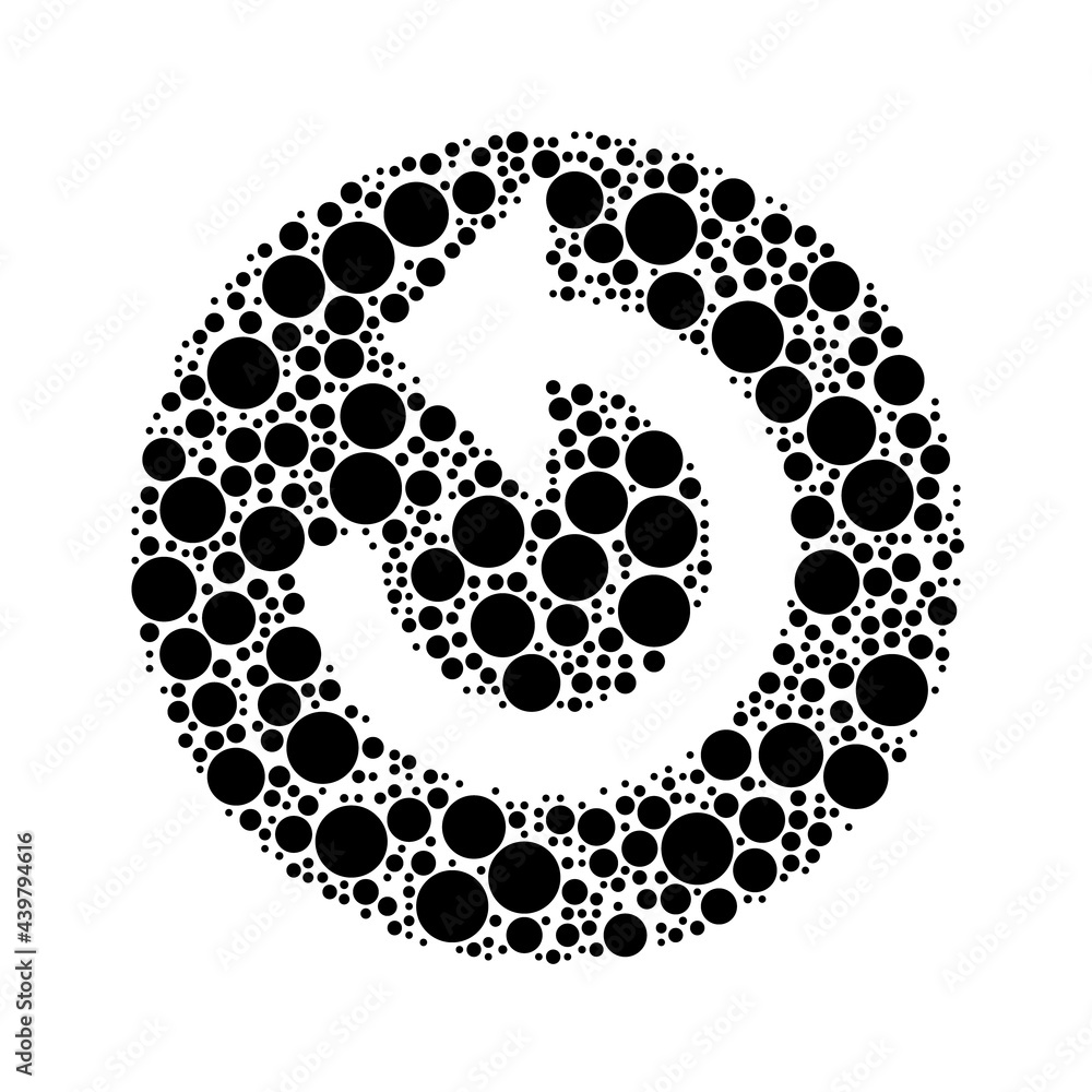 Poster a large replay media symbol in the center made in pointillism style. the center symbol is filled wit