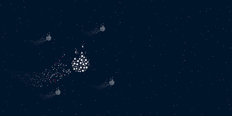 Fototapeta na wymiar A fire symbol filled with dots flies through the stars leaving a trail behind. Four small symbols around. Empty space for text on the right. Vector illustration on dark blue background with stars