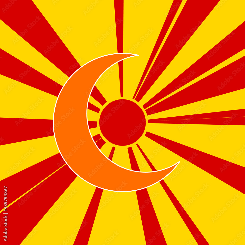 Poster moon symbol on a background of red flash explosion radial lines. the large orange symbol is located 