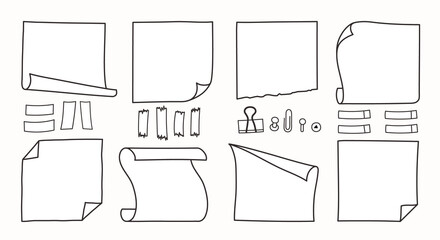 Doodle hand drawn memo notes and reminders vector llustration set. Simple drawing doodle style sketches of square paper sheets with curved corners cute diary design with clip, pins and duct tape.