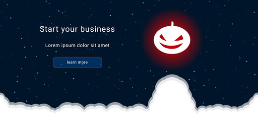 Business startup concept Landing page screen. The halloween pumpkin symbol on the right is highlighted in bright red. Vector illustration on dark blue background with stars and curly clouds from below