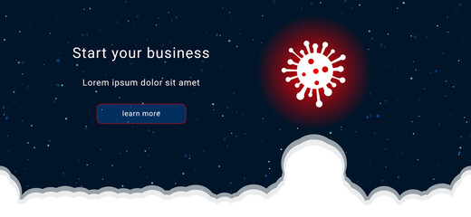 Business startup concept Landing page screen. The coronavirus symbol on the right is highlighted in bright red. Vector illustration on dark blue background with stars and curly clouds from below