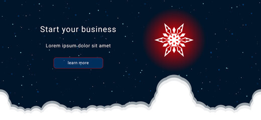 Business startup concept Landing page screen. The snowflake on the right is highlighted in bright red. Vector illustration on dark blue background with stars and curly clouds from below