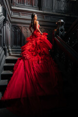 Woman Vintage Red Dress Old Castle Beautiful Princess In Seductive Dress