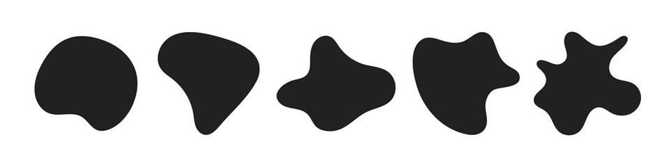 Random abstract liquid organic black irregular blotch shapes flat style design fluid vector illustration set banner simple shape template for presentation design, flyer, isolated on white background.