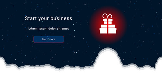 Business startup concept Landing page screen. The set of gifts on the right is highlighted in bright red. Vector illustration on dark blue background with stars and curly clouds from below